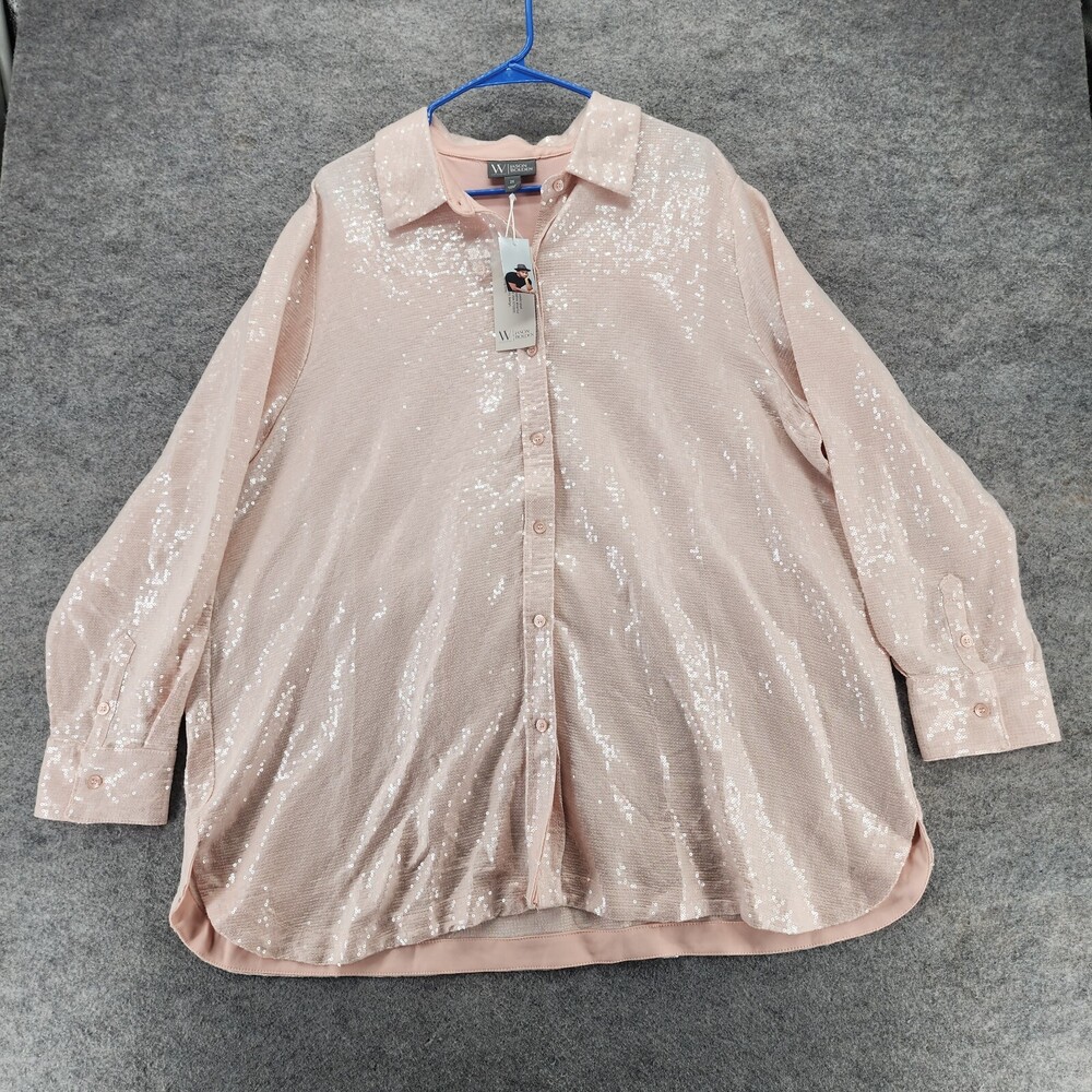 Worthington x Jason Bolden Shirt Womens 2X Button Up Pink Sequin